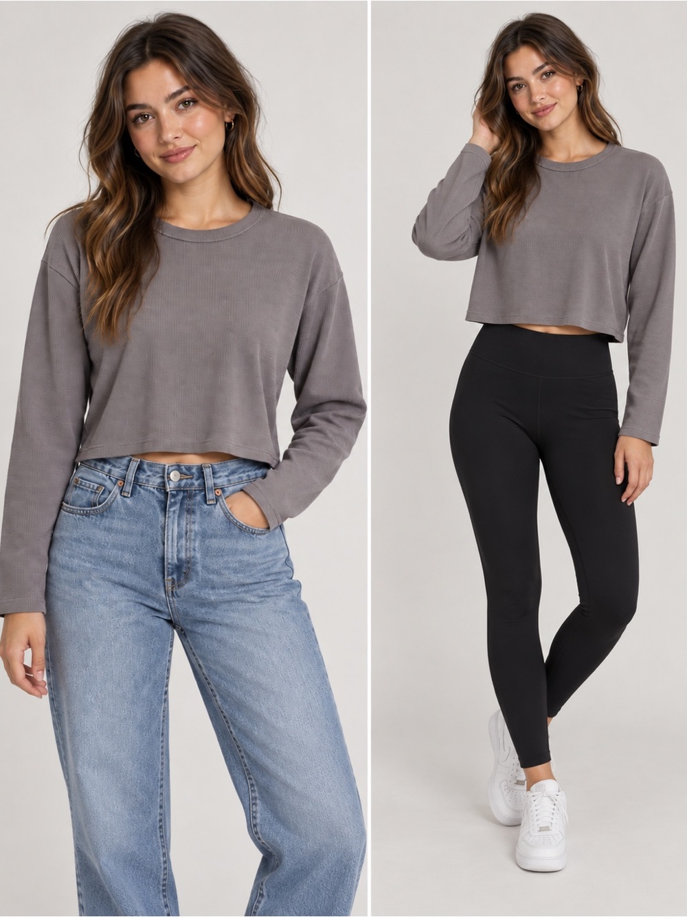 Sunday Best Aritzia Cropped Waffle Knit Long Sleeve Top Taupe Gray Size Small